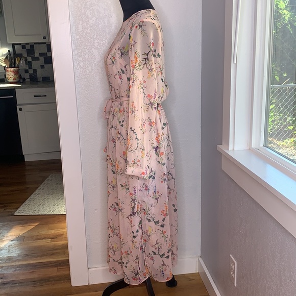 H & M blush pink floral sheer lined maxi dress elastic waist with fabric belt - Picture 3 of 6